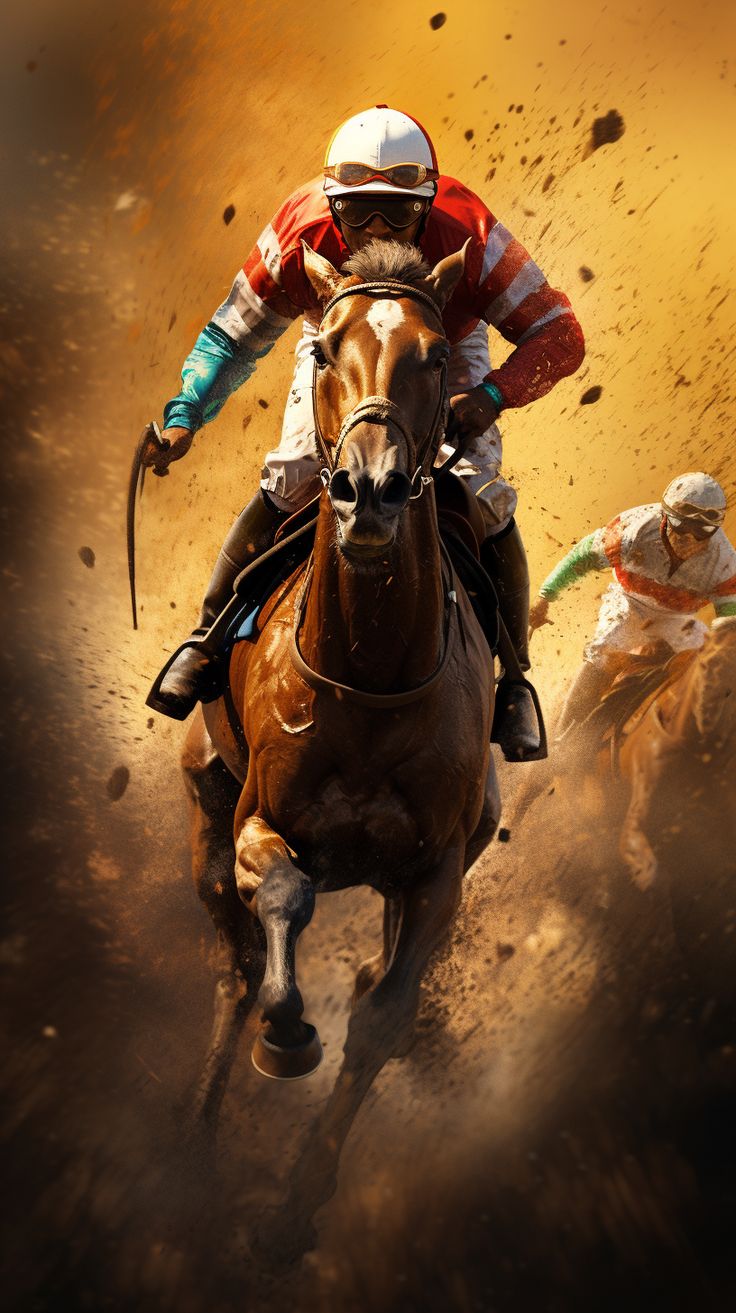 Cheval de course au galop, jockey en casaque rouge